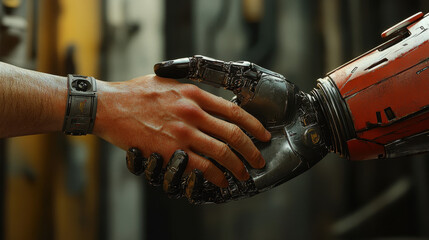 A handshake between a robot and a human. Steampunk style.