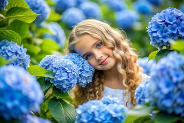 Fototapeta premium Young girl is posing in front of a field of blue flowers