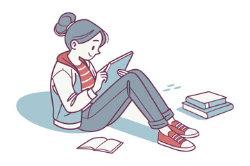 A young woman with her hair in a bun sits comfortably engrossed in reading a book surrounded by other books