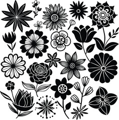Black and White Flower Vector Set: Floral Design Elements, Botanical Illustration, Clip Art