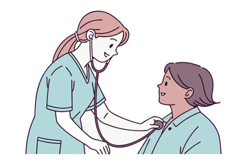 Friendly nurse with a stethoscope examines a patient highlighting a caring and professional medical examination in a simple clean illustration
