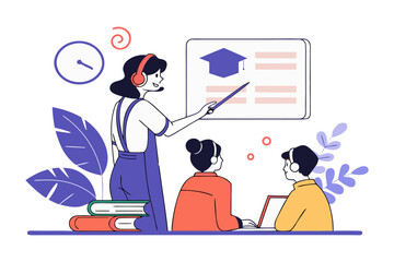 Teacher instructing students with headphones using a digital presentation board and laptop symbolizing online education and learning