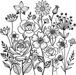 Black and White Flower Line Art Illustration: Floral Design, Botanical Drawing, Coloring Page