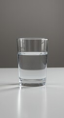 Minimalist and modern photo of a glass of water on a white table with light reflections captured with a creative lens angle, no overlapping elements