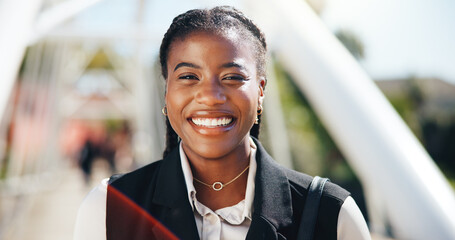 Portrait, smile and business with black woman in city for real estate developer, pride and commute....