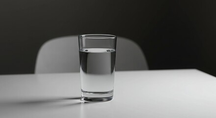 Minimalist and modern photo of a glass of water on a white table with light reflections captured with a creative lens angle, no overlapping elements