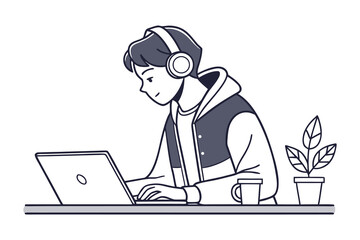 Young person wearing headphones and a hoodie works on a laptop at a desk with a potted plant and a mug