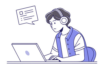 Focused young person wearing headphones intently working on a laptop with a document icon floating above