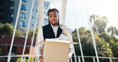 Job loss, box and business woman upset outdoor for retrenchment, bankruptcy or office closure....