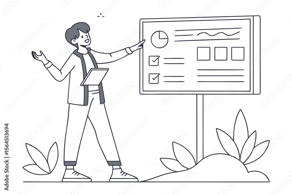 Poster enthusiastic presenter points to a whiteboard displaying charts and checklist items during a busines