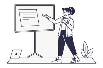 A confident woman presents information on a whiteboard while holding a microphone with a laptop and plant nearby