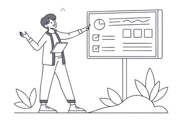 Enthusiastic presenter points to a whiteboard displaying charts and checklist items during a business meeting or educational session