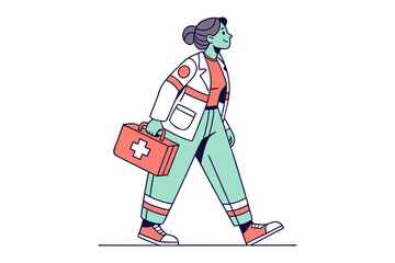 A cheerful cartoon medical professional in a white lab coat and teal pants walks confidently carrying a red medical bag