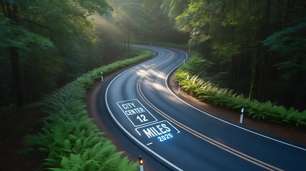 Road to City Center: A winding road leads towards the city center, offering a picturesque journey through a lush, sun-dappled forest, with a clear sign indicating the distance to the destination. 