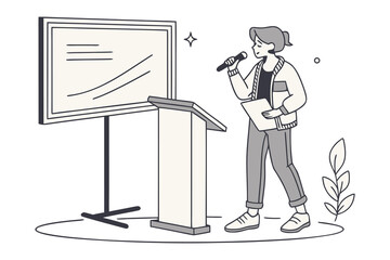 A confident speaker presents information on a large screen while holding a microphone and notes at a podium