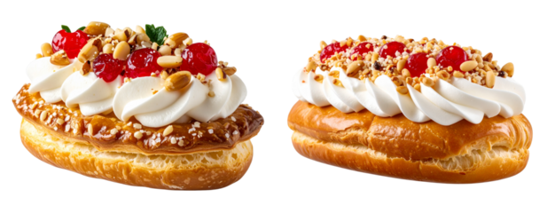 Traditional Catalan Coca de Sant Joan with cream, candied cherries, and pine nuts, isolated on transparent background PNG