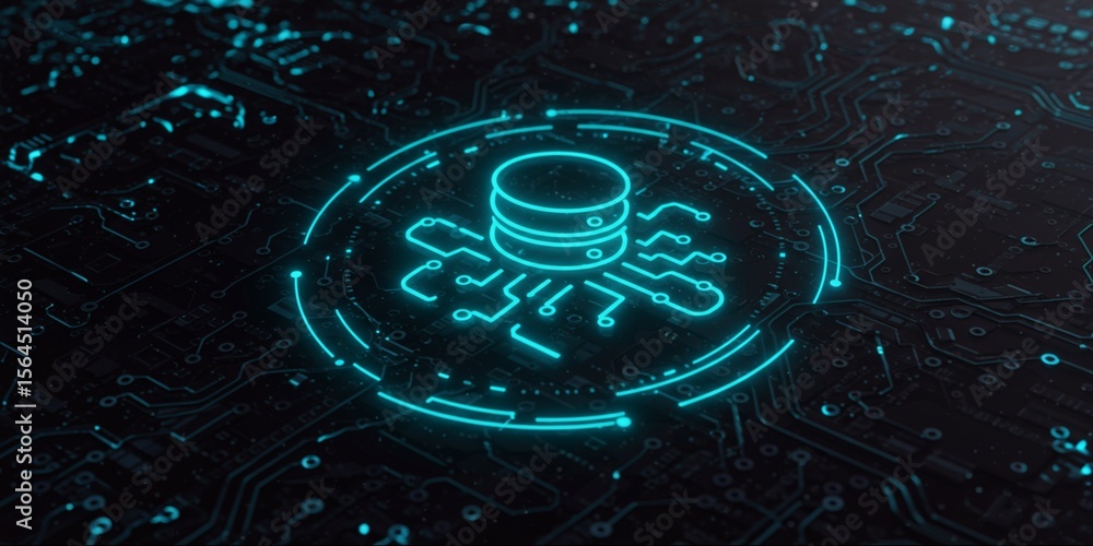 Poster glowing database icon on a dark circuit board background.