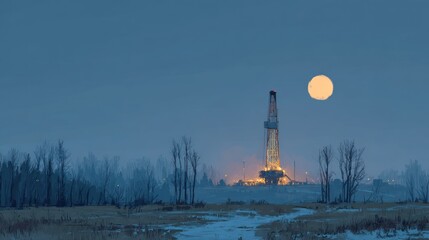 Oil drilling rig illuminated against the backdrop of a dusky twilight sky