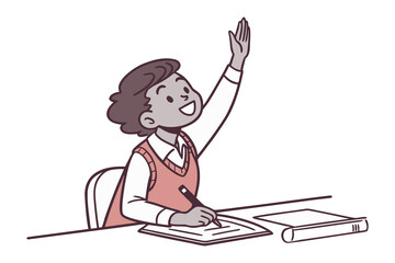 Enthusiastic student raising hand to answer question while diligently writing notes in classroom setting