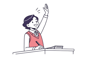Enthusiastic student with dark hair and a pink vest raises hand to answer question while sitting at a desk with a book and pen
