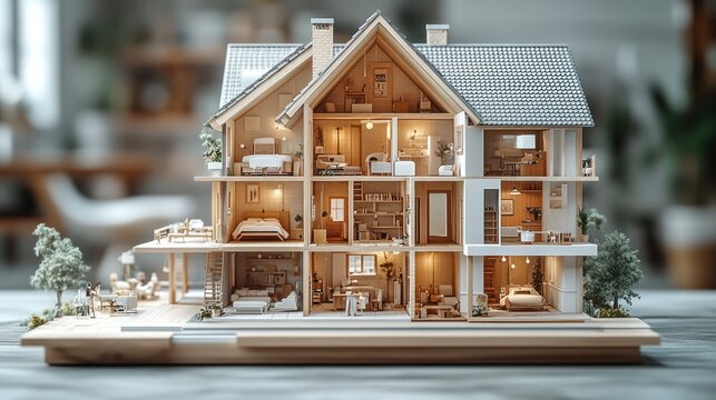 Detailed wooden model house, interior & exterior, cutaway view