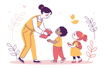 A kind teacher shares a book with two happy children fostering a love for reading and learning in a bright cheerful setting