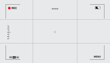 Overlay for the camera's viewfinder.  Video camera viewfinder on white background, Video camera viewfinder display frame for recording video and photos. Recording camera screen with indicators 