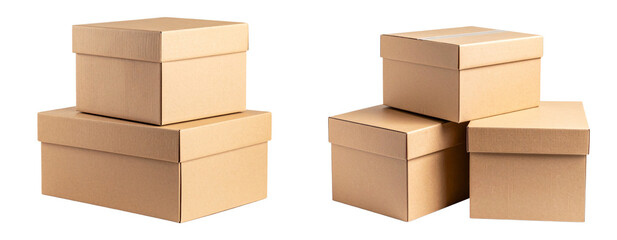 Stack of three plain brown cardboard boxes with visible corrugated texture, isolated on transparent background PNG