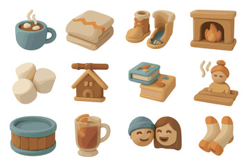 Cozy winter icons: hot chocolate, fireplace, books, warm clothing, marshmallows