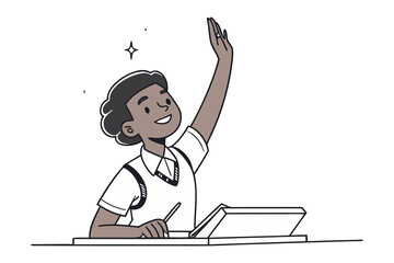 Enthusiastic student with dark hair and a bright smile raises their hand eagerly while sitting at a desk with a book