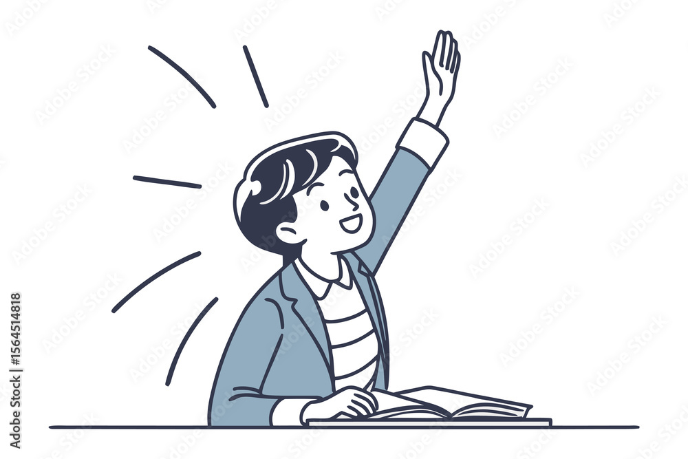Poster enthusiastic student with hand raised eagerly to answer a question while sitting at a desk with an o