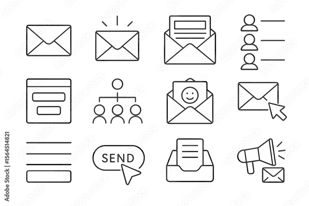 Poster email and communication icons set with envelopes and messaging symbols