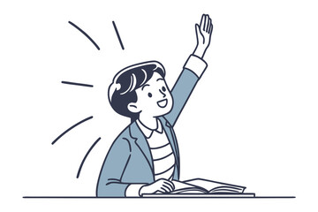 Enthusiastic student with hand raised eagerly to answer a question while sitting at a desk with an open book