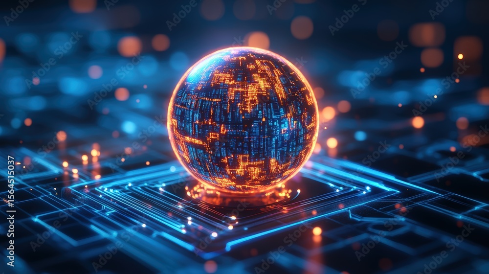 Poster futuristic glowing digital globe with circuit lines representing global technology and data network