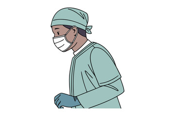 A cartoon illustration of a medical professional wearing a surgical cap mask gown and gloves ready for a procedure