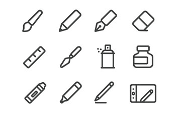Artistic tools: brushes, pencils, ink, ruler, eraser, tablet for creative use