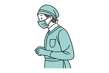 A doctor wearing a surgical cap and mask stands with gloved hands clasped ready for a medical procedure