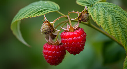 Fresh Red Raspberries on Branches with Morning Dew in Natural Garden Background