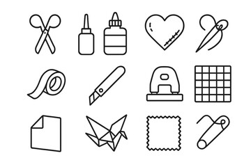 Crafting tools outline icons set with scissors, glue, needle, and tape
