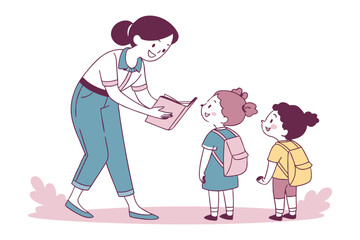 Smiling teacher shares a book with two happy young students wearing backpacks on a bright day