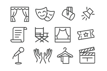 Theater icons: curtains, masks, tickets, and more