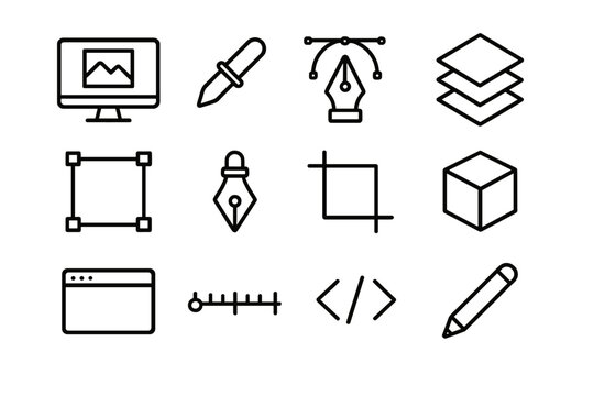 Graphic design icons set on gray background