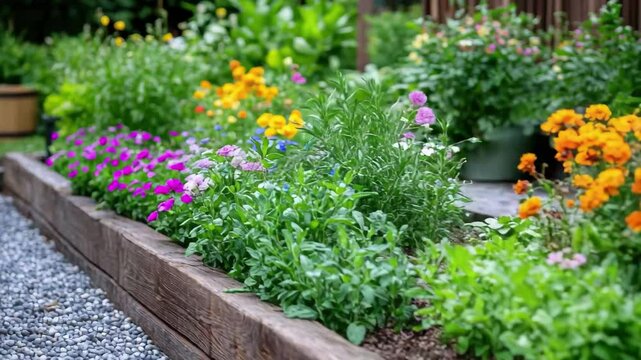 A a raised garden bed with colorful flowers and green plants next to a gravel path in backyard area a