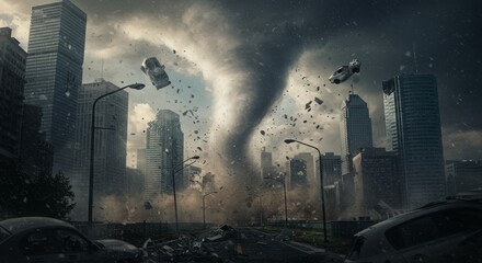 A tornado approaches a small rural house in the middle of a field, under a dramatic and dark storm cloud. Rural danger and natural force in action.