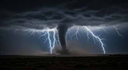 A wide tornado funnel under a menacing cloud formation, with multiple bolts of lightning striking the landscape. A cinematic depiction of extreme weather.