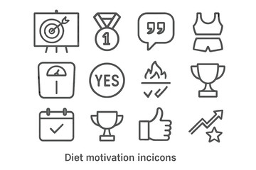 Diet motivation icons: medals, targets, trophies, and graphs for fitness inspiration