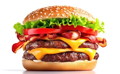 Juicy bacon cheeseburger stacked with beef patties and fresh toppings.