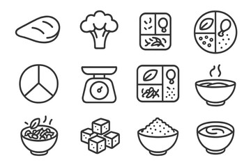 Minimalist food icons set featuring various edible items and kitchen utensils