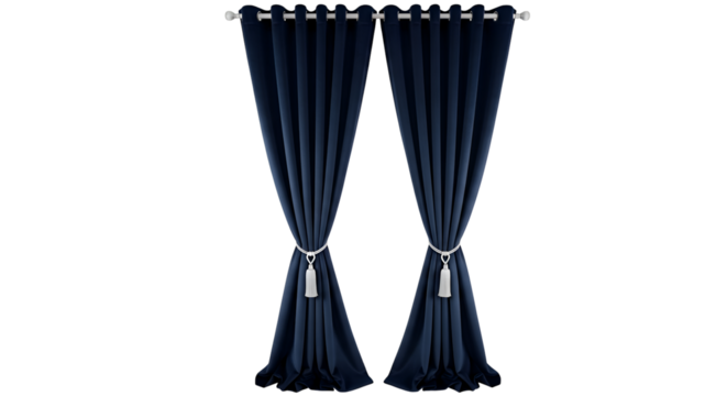 Elegant Navy Blue Curtains Hang with Tassels, Adding Style to Interior Design