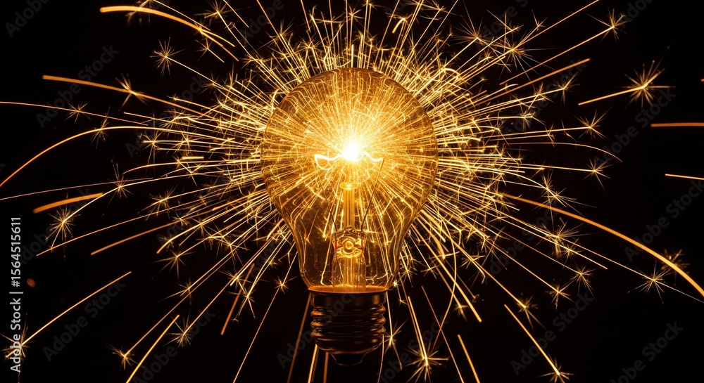 Poster illuminated lightbulb surrounded by sparks against a dark background creating a burst of energy